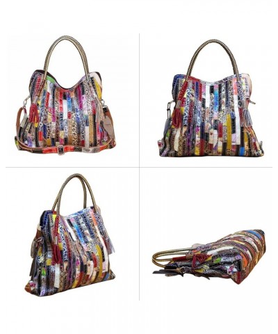 Women's Multicolor Tote Handbag Abstract Design Handbag Genuine Leather Hobo Shoulder Purse Stripe-colorful $33.62 Totes