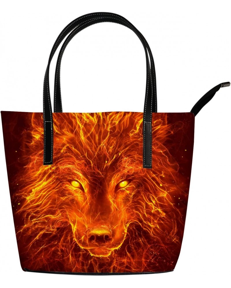 Shoulder Bag Tote Bags for Women Fire Wolf Leather Shopper Work Handbags Large Casual Bag $24.90 Totes