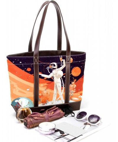 Large Tote Bags for Women, Faux Leather Strap and Bottom, Canvas Shoulder Bag Handbag, cartoon space and planet pattern $28.7...