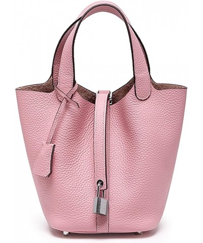 Women Genuine Leather Small Bucket Bag Fashion Silver Lock Design Top Handle Handbag Ladies Daily Casual Work Satchel Pink $4...