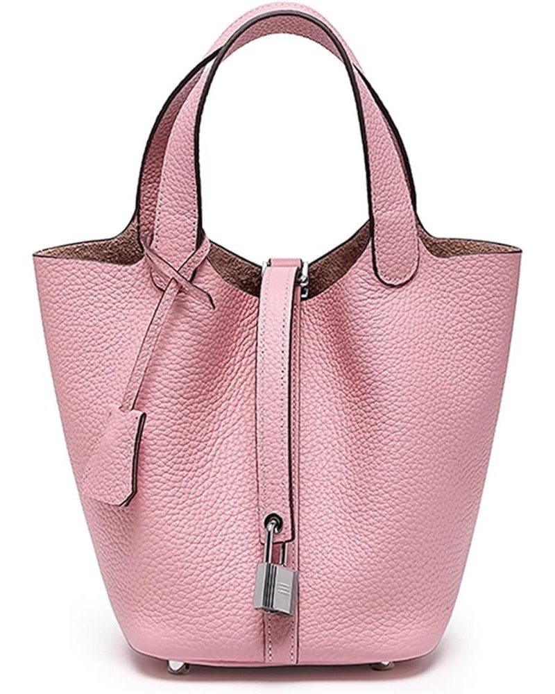 Women Genuine Leather Small Bucket Bag Fashion Silver Lock Design Top Handle Handbag Ladies Daily Casual Work Satchel Pink $4...