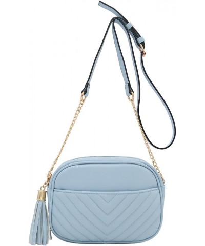 Chevron Quilted Crossbody Camera Bag with Chain Strap and Tassel Light Blue $14.97 Crossbody Bags