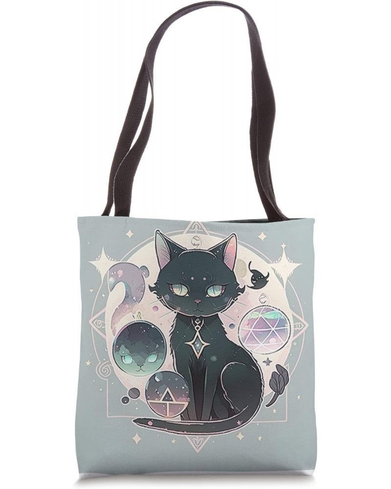 Witchy Cute Black Cat Kawaii Crystal Pastel Goth Moon Phases Tote Bag $8.62 Totes