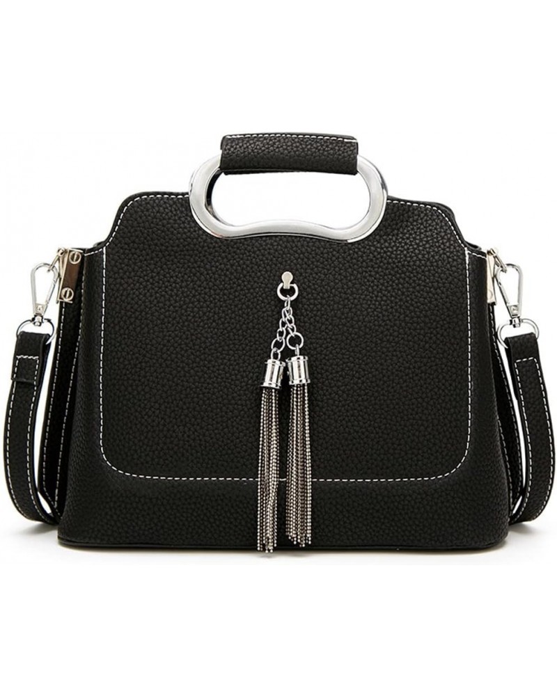 Top Handle Handbag for Women Tassel Shoulder Bag Soft Faux Leather Crossbody Bag Retro Satchel Black $36.25 Totes