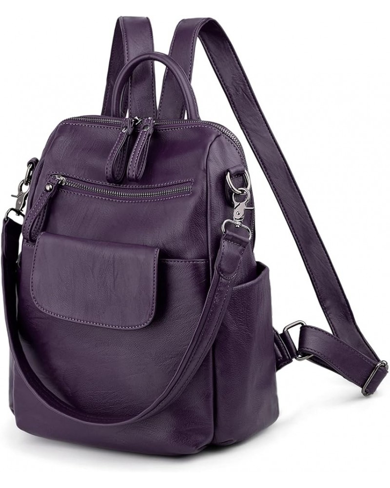 Women Backpack Purse 3 ways PU Washed Leather Ladies Rucksack Shoulder Bag C Purple Medium 0183 Purple $17.63 Backpacks