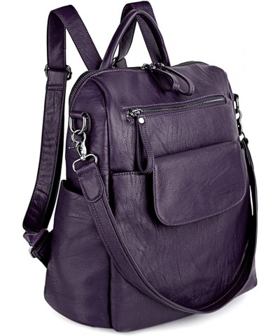 Women Backpack Purse 3 ways PU Washed Leather Ladies Rucksack Shoulder Bag C Purple Medium 0183 Purple $17.63 Backpacks