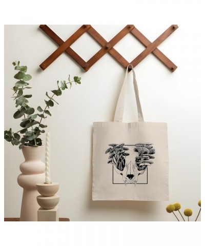 Unique Gift Idea for Nature Lovers Skull with Mushrooms Design Natural White Multicolor Canvas Tote Bag 905 $17.67 Totes