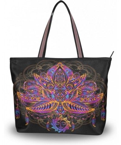 Womens Tote Bag, Rainbow Lotus Moon Boho Ladies Zip Shoulder Handbags $13.19 Shoulder Bags