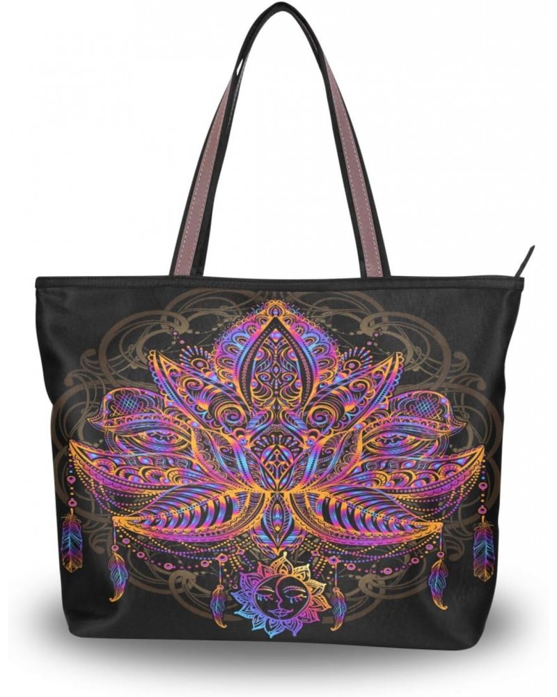 Womens Tote Bag, Rainbow Lotus Moon Boho Ladies Zip Shoulder Handbags $13.19 Shoulder Bags