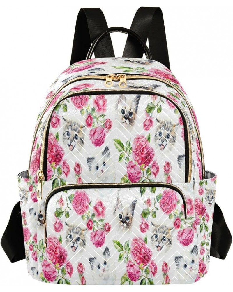 Women Backpack Purse Cats Pink Roses Fashion Shoulder Bags Travel Backpack Small Daypacks M Medium $10.66 Backpacks