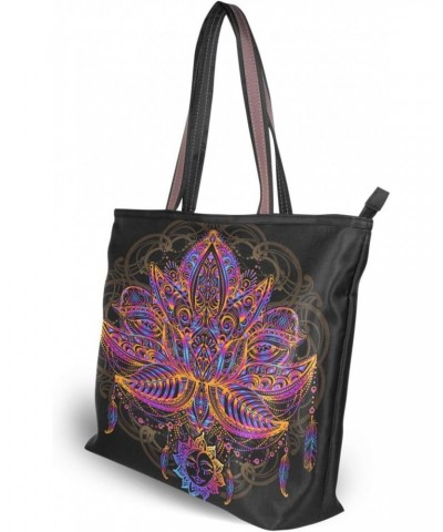 Womens Tote Bag, Rainbow Lotus Moon Boho Ladies Zip Shoulder Handbags $13.19 Shoulder Bags