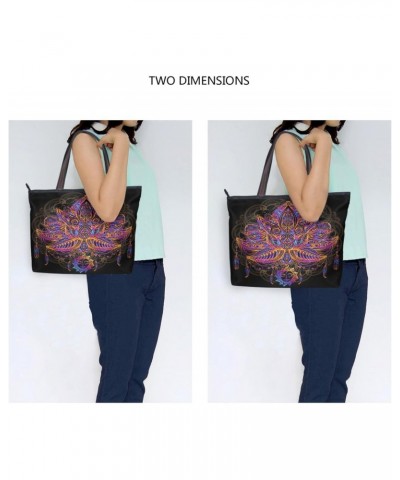 Womens Tote Bag, Rainbow Lotus Moon Boho Ladies Zip Shoulder Handbags $13.19 Shoulder Bags