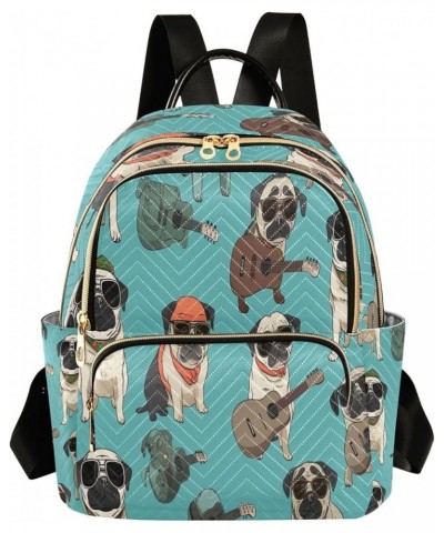 Pug Dog Guitar Blue Women Backpack Purse Ladies Fashion Shoulder Bag Daypack Travel Bag 7.5L Medium $17.66 Backpacks