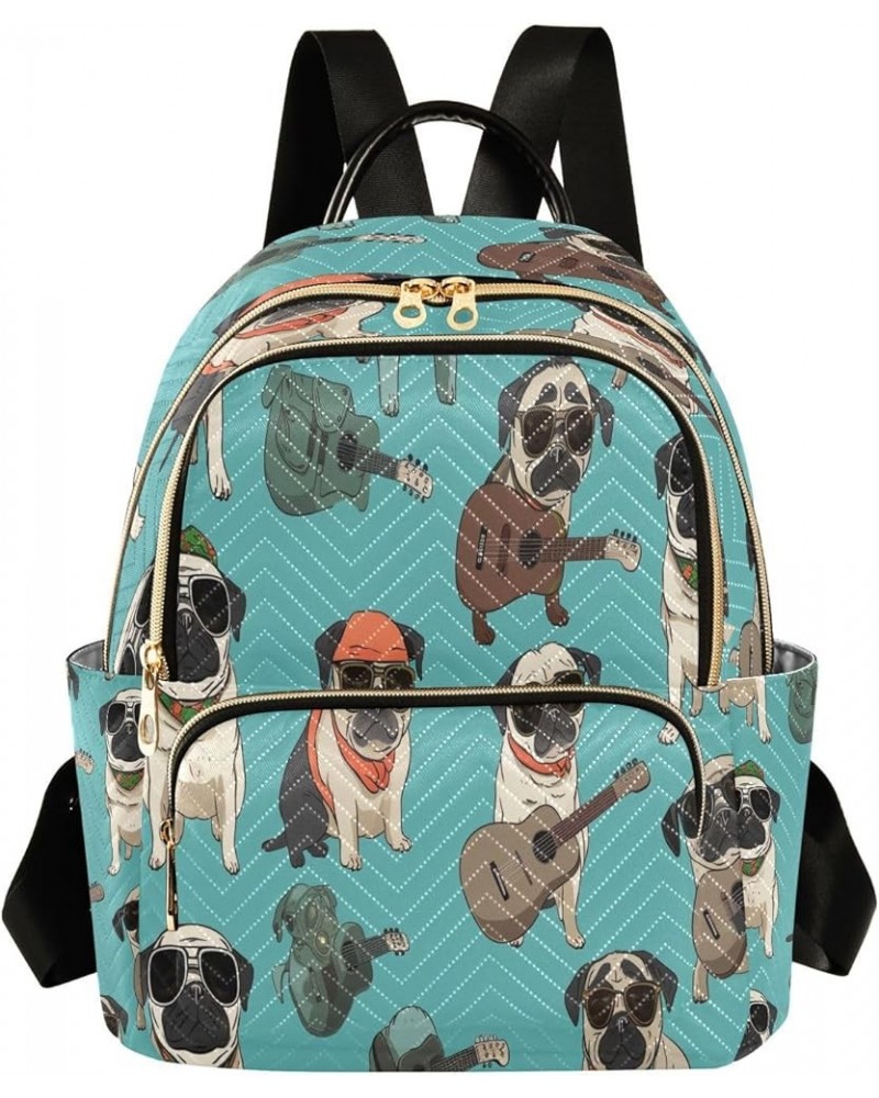 Pug Dog Guitar Blue Women Backpack Purse Ladies Fashion Shoulder Bag Daypack Travel Bag 7.5L Medium $17.66 Backpacks