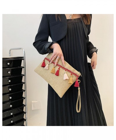 Straw Clutch for Women Summer Beach Handbag Lightweight Woven Phone Bag Tassel Decoration Purse Red $13.56 Clutches