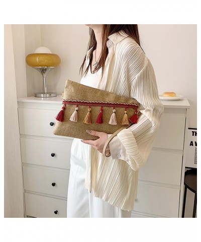 Straw Clutch for Women Summer Beach Handbag Lightweight Woven Phone Bag Tassel Decoration Purse Red $13.56 Clutches