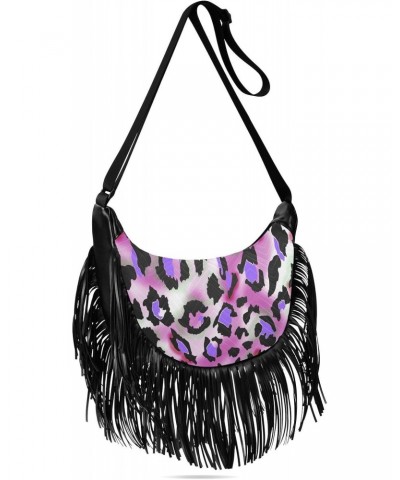 Tassel Crossbody Bag Purple Floral Leopard Art Women Fringe Boho Handbag Hippie Purse Vintage Bohemian Shoulder Bag '70s Dail...