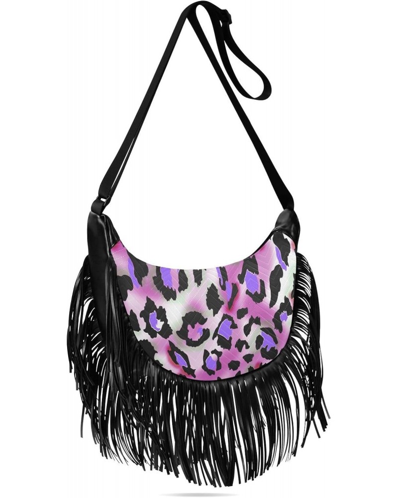 Tassel Crossbody Bag Purple Floral Leopard Art Women Fringe Boho Handbag Hippie Purse Vintage Bohemian Shoulder Bag '70s Dail...