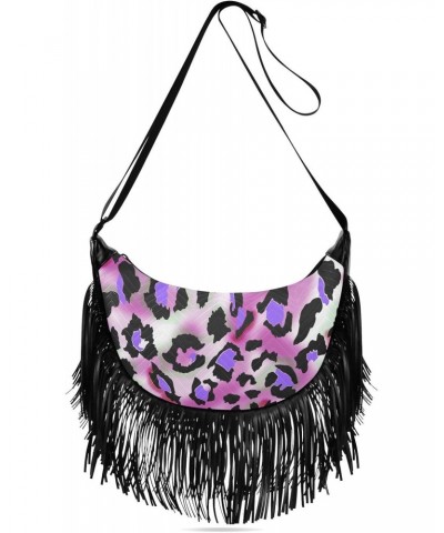 Tassel Crossbody Bag Purple Floral Leopard Art Women Fringe Boho Handbag Hippie Purse Vintage Bohemian Shoulder Bag '70s Dail...