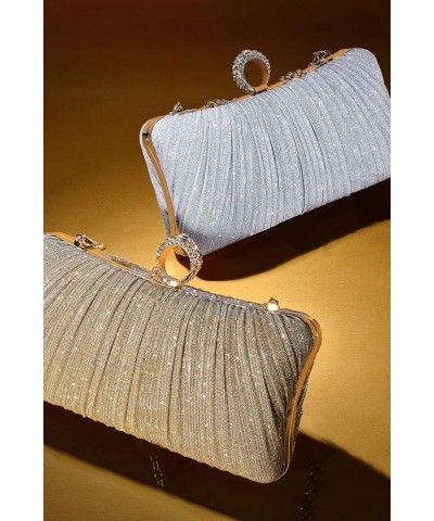 Womens Golden Glitter Clutch Purse Pleated Evening Bag for Bridal Wedding Party with Rhinestone Ring Gold $16.50 Evening Bags