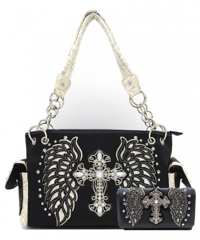 Western Style Rhinestone Cross Studded Laser Cut Wings Tooled Leather Purse Women Handbags Country Shoulder Bag Wallet Set 2b...