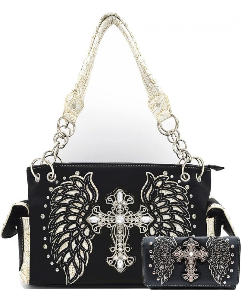 Western Style Rhinestone Cross Studded Laser Cut Wings Tooled Leather Purse Women Handbags Country Shoulder Bag Wallet Set 2b...