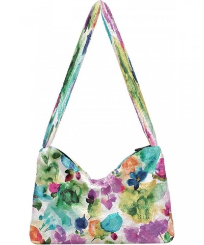 Watercolor Flowers Botanical Women's Hobo Bag, Fuzzy Tote Shoulder Handbags $11.96 Totes