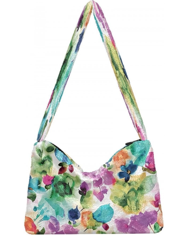 Watercolor Flowers Botanical Women's Hobo Bag, Fuzzy Tote Shoulder Handbags $11.96 Totes