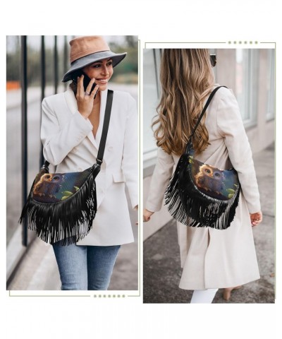 Grey Owl Tassel Crossbody Bag with Adjustable Strap and Zipper Crossbody Handbag for Women $11.48 Crossbody Bags