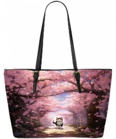 Tranquil Stroll Cat And Cherry Blossom Canopy Leather Tote Bag 3d $36.24 Totes