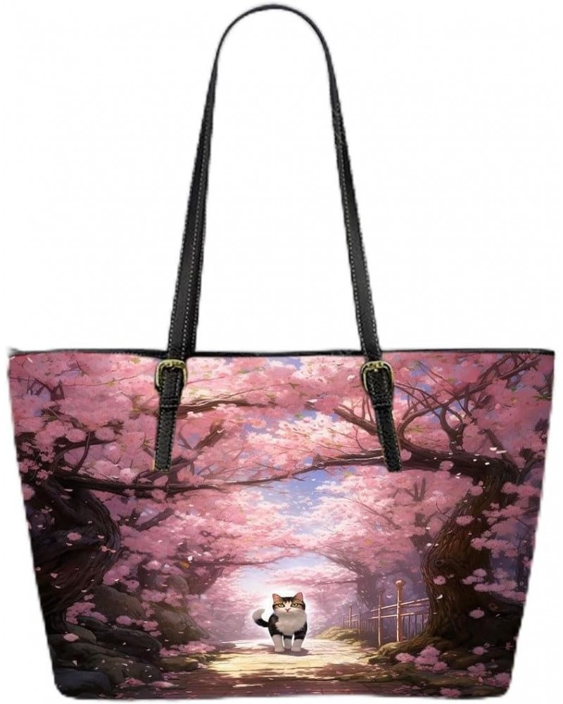 Tranquil Stroll Cat And Cherry Blossom Canopy Leather Tote Bag 3d $36.24 Totes