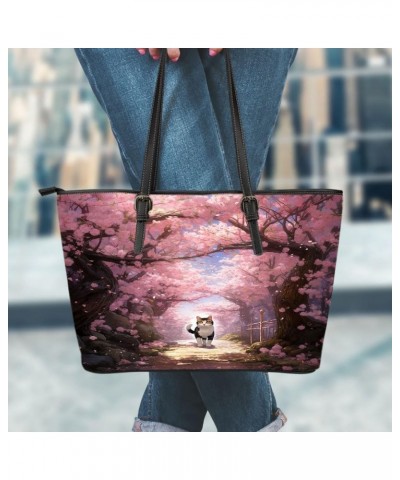 Tranquil Stroll Cat And Cherry Blossom Canopy Leather Tote Bag 3d $36.24 Totes