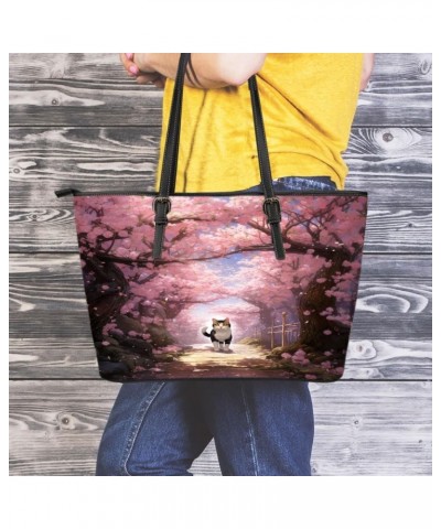 Tranquil Stroll Cat And Cherry Blossom Canopy Leather Tote Bag 3d $36.24 Totes