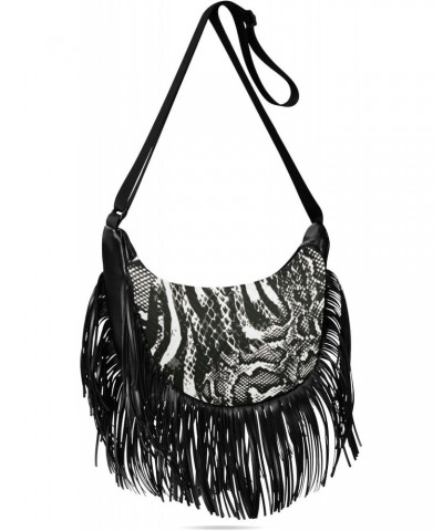 Tassel Crossbody Bag Snakeskin Black White Women Fringe Boho Handbag Hippie Purse Vintage Bohemian Shoulder Bag '70s Daily Ba...