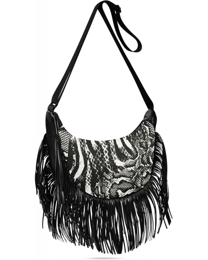 Tassel Crossbody Bag Snakeskin Black White Women Fringe Boho Handbag Hippie Purse Vintage Bohemian Shoulder Bag '70s Daily Ba...