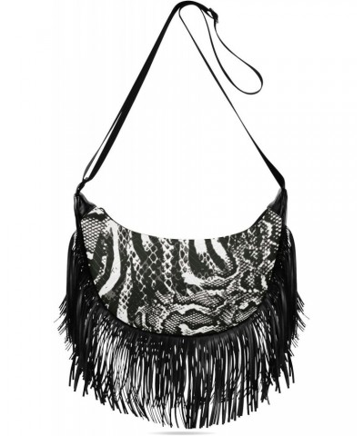 Tassel Crossbody Bag Snakeskin Black White Women Fringe Boho Handbag Hippie Purse Vintage Bohemian Shoulder Bag '70s Daily Ba...