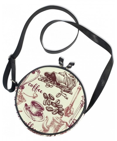 Vintage Coffee Pattern Crossbody Bag Small Canvas Shoulder Round Bag for Women $10.63 Shoulder Bags