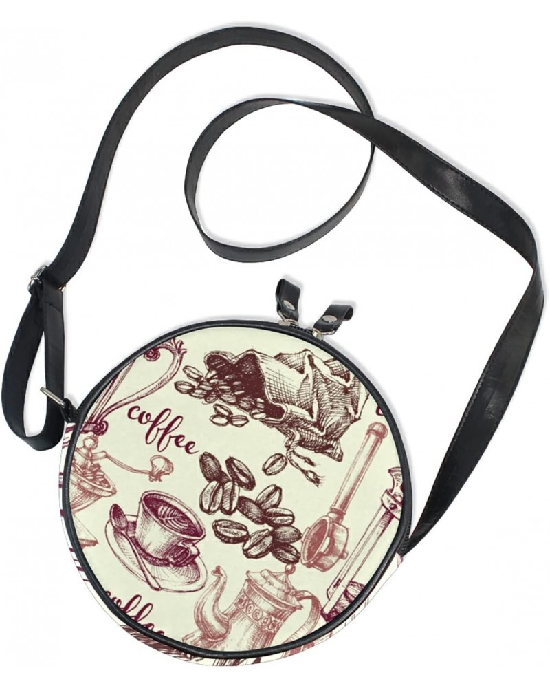 Vintage Coffee Pattern Crossbody Bag Small Canvas Shoulder Round Bag for Women $10.63 Shoulder Bags