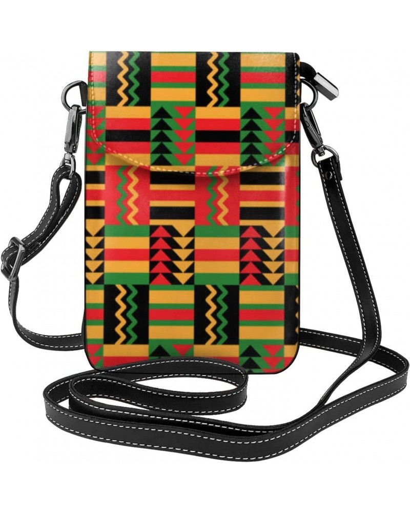 Kente Pattern Stripes Triangles Women Small Crossbody Cell Phone Purse Leather Fashion Shoulder Bag With Shoulder Strap $25.8...