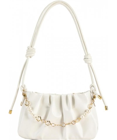 Women's Faux Leather Large Capacity Shoulder Bag with Chain Bead Handbag with Zipper Closure Adjustable Strap White $8.40 Sho...