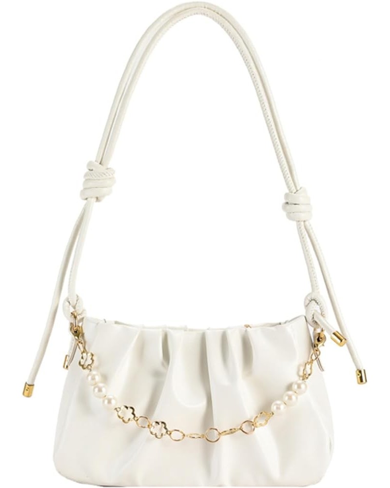 Women's Faux Leather Large Capacity Shoulder Bag with Chain Bead Handbag with Zipper Closure Adjustable Strap White $8.40 Sho...