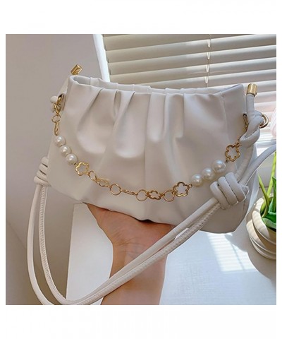 Women's Faux Leather Large Capacity Shoulder Bag with Chain Bead Handbag with Zipper Closure Adjustable Strap White $8.40 Sho...