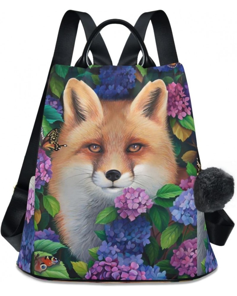 Fox Animal Hydrangea Flowers Backpack Purse for Women Anti Theft Fashion Back Pack Shoulder Bag $23.59 Backpacks