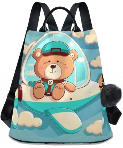 Bear White Stars Backpack Purse for Women Anti Theft Back Zipper Fashion Casual Travel Bag Bear on Blue Plane $16.16 Backpacks