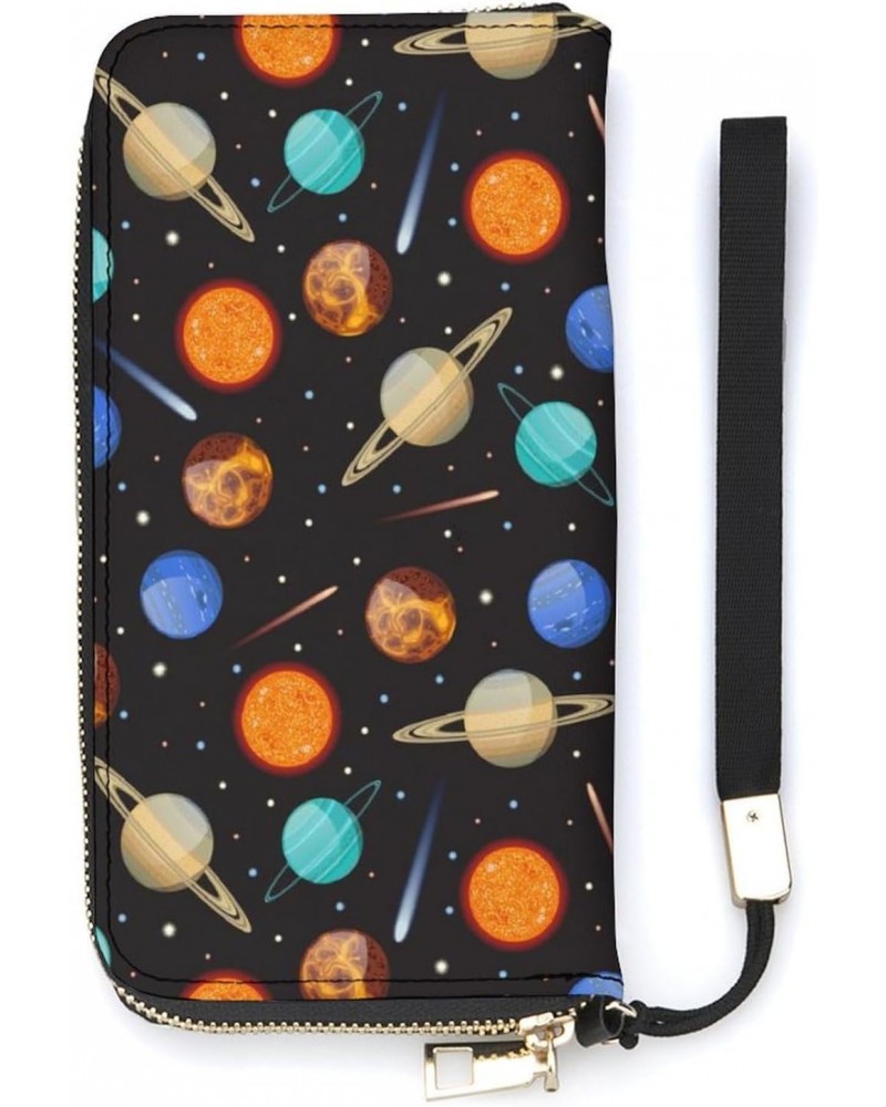 Solar System Planets and Stars Novelty Wallet with Wrist Strap Long Cellphone Purse Large Capacity Handbag Wristlet Clutch Wa...