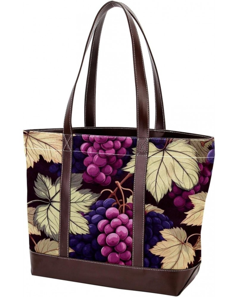 Grapes Canvas Leather Mix Hand-Held Bag - 13.3x4.7x12.2 in - Stylish & Spacious Women's Tote $24.00 Totes