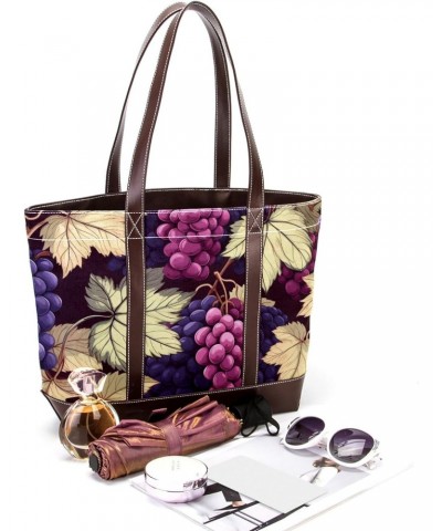 Grapes Canvas Leather Mix Hand-Held Bag - 13.3x4.7x12.2 in - Stylish & Spacious Women's Tote $24.00 Totes