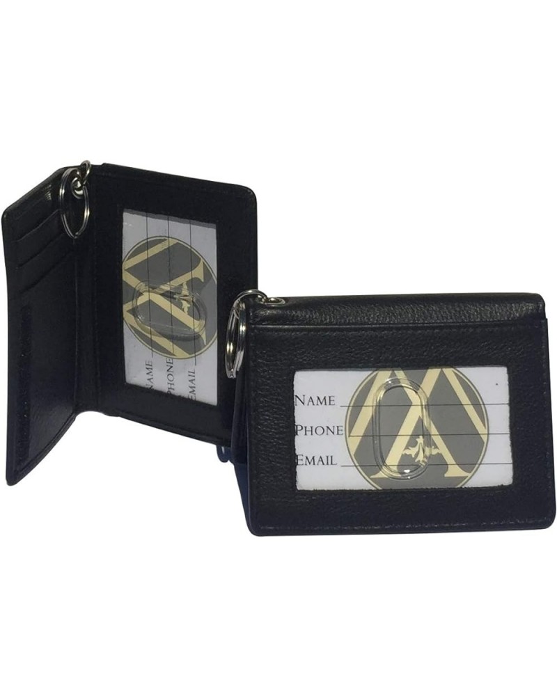 Two-Fold Small Dual Clear Window Leather Bifold ID Card Holder Wallet and Key Chain for Men and Women 7 colors (Black) Black ...