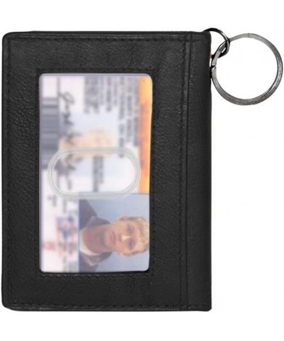 Two-Fold Small Dual Clear Window Leather Bifold ID Card Holder Wallet and Key Chain for Men and Women 7 colors (Black) Black ...