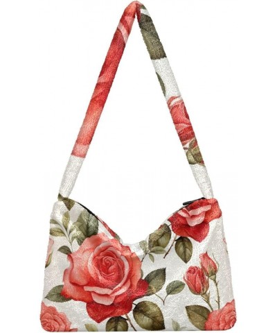 Floral Rose Watercolor Plush Shoulder Bag, Women Handbag, Medium Shoulder Bag for Women Watercolor Style Flower With Red Rose...